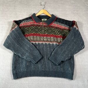 Icewear Nordic Fair Isle Quarter Zip Wool Sweater Mens Large Blue Gray Red